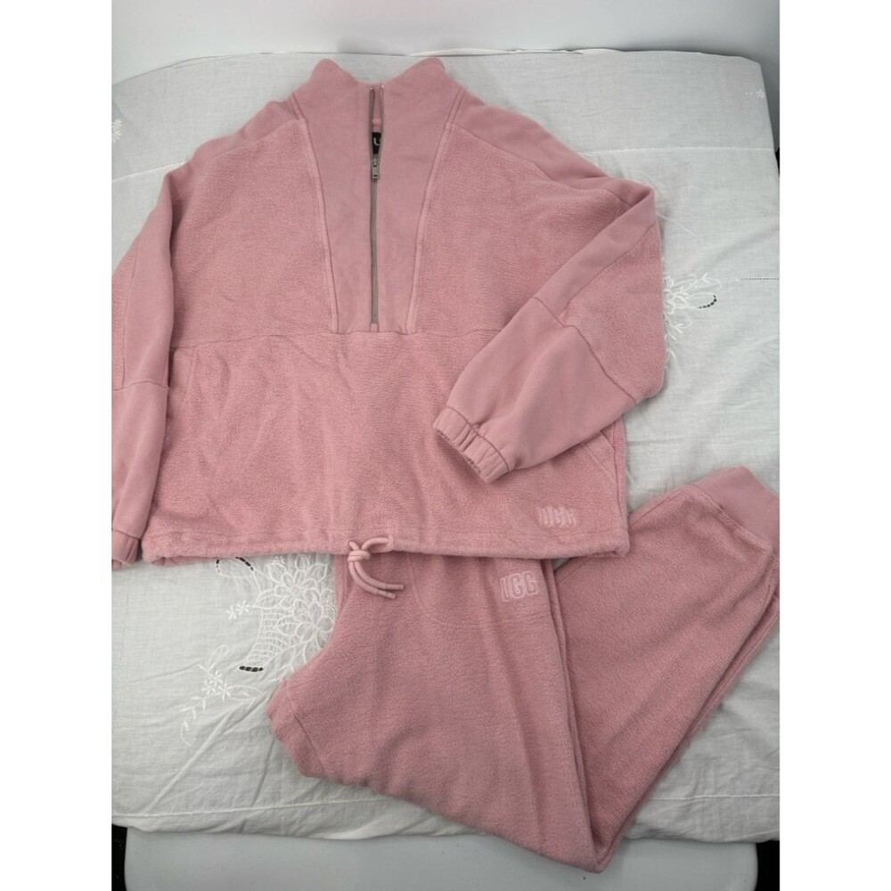 UGG Sweatsuit Set Wm XL Extra Large Elana Clay Pink Sherpa Half-Zip Pullover